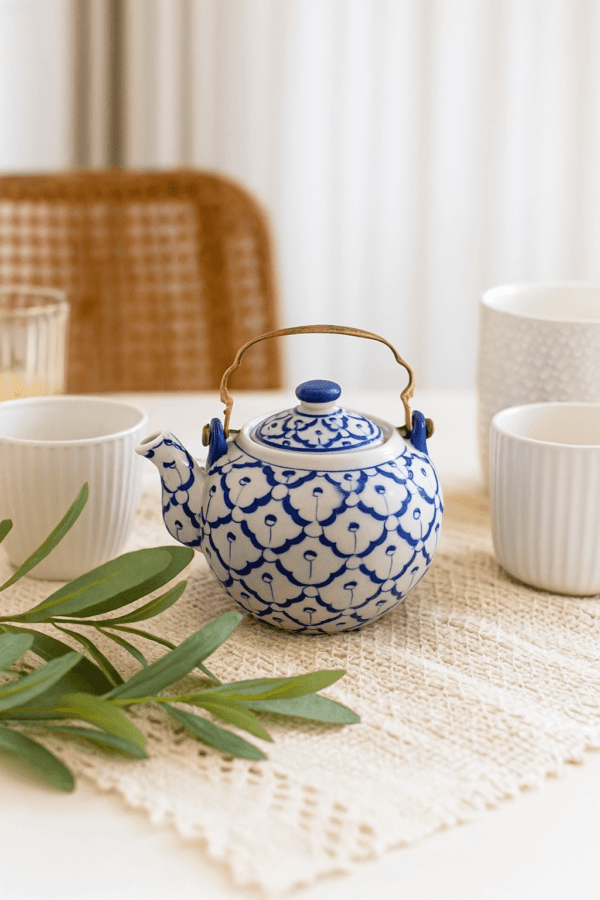 Blauwwitte keramische theepot op een lichte tafel met witte mokken en groen takje