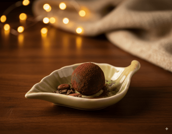 Geel blaadje-serveerschaaltje met een cacaobruine chocoladetruffel en cacaobonen op een houten tafel met warme sfeerverlichting.