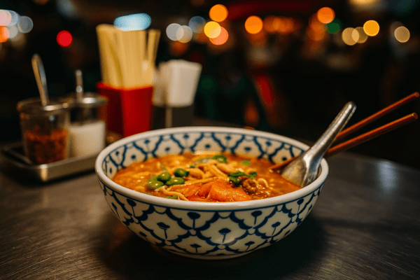 Traditionele Thaise kom 21 cm gevuld met dampende noedelsoep, geserveerd op een avondmarkt met eetstokjes.