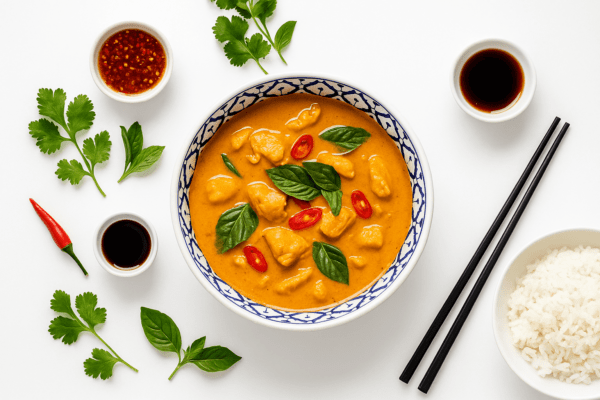 Thaise kom 21 cm met rode curry, basilicum en rode peper, gestyled met sojasaus, koriander en rijst op witte achtergrond.