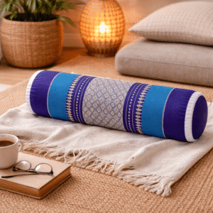 thais knierolkussen blauw op bank yoga ontspanning rustgevend interieur kapok kussen