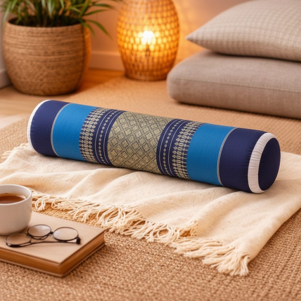 thais knierolkussen mini blauw op bank yoga ontspanning rustgevend interieur kapok kussen