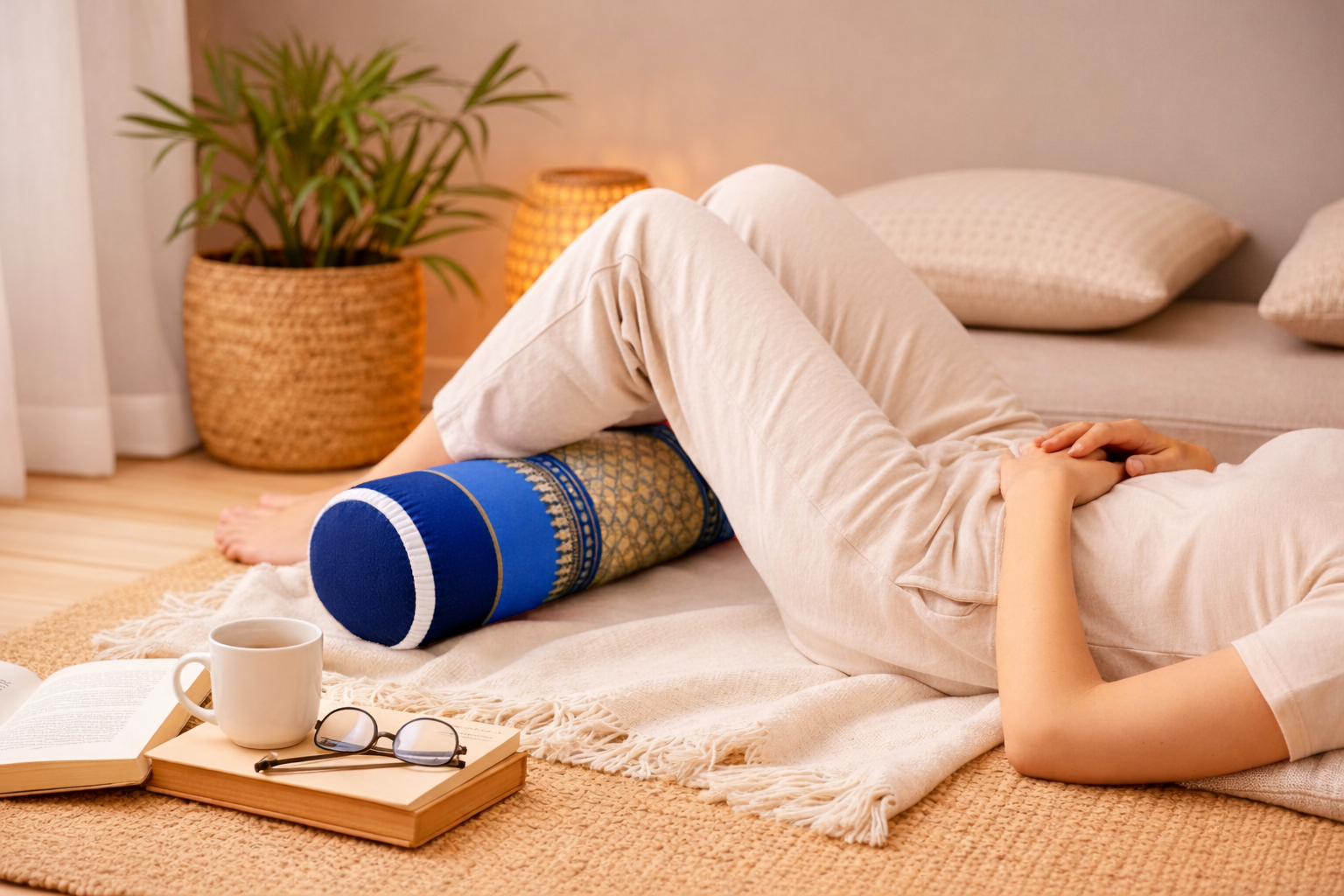 thais-knierolkussen-mini-blauw-gebruik-knie-ondersteuning-kapok