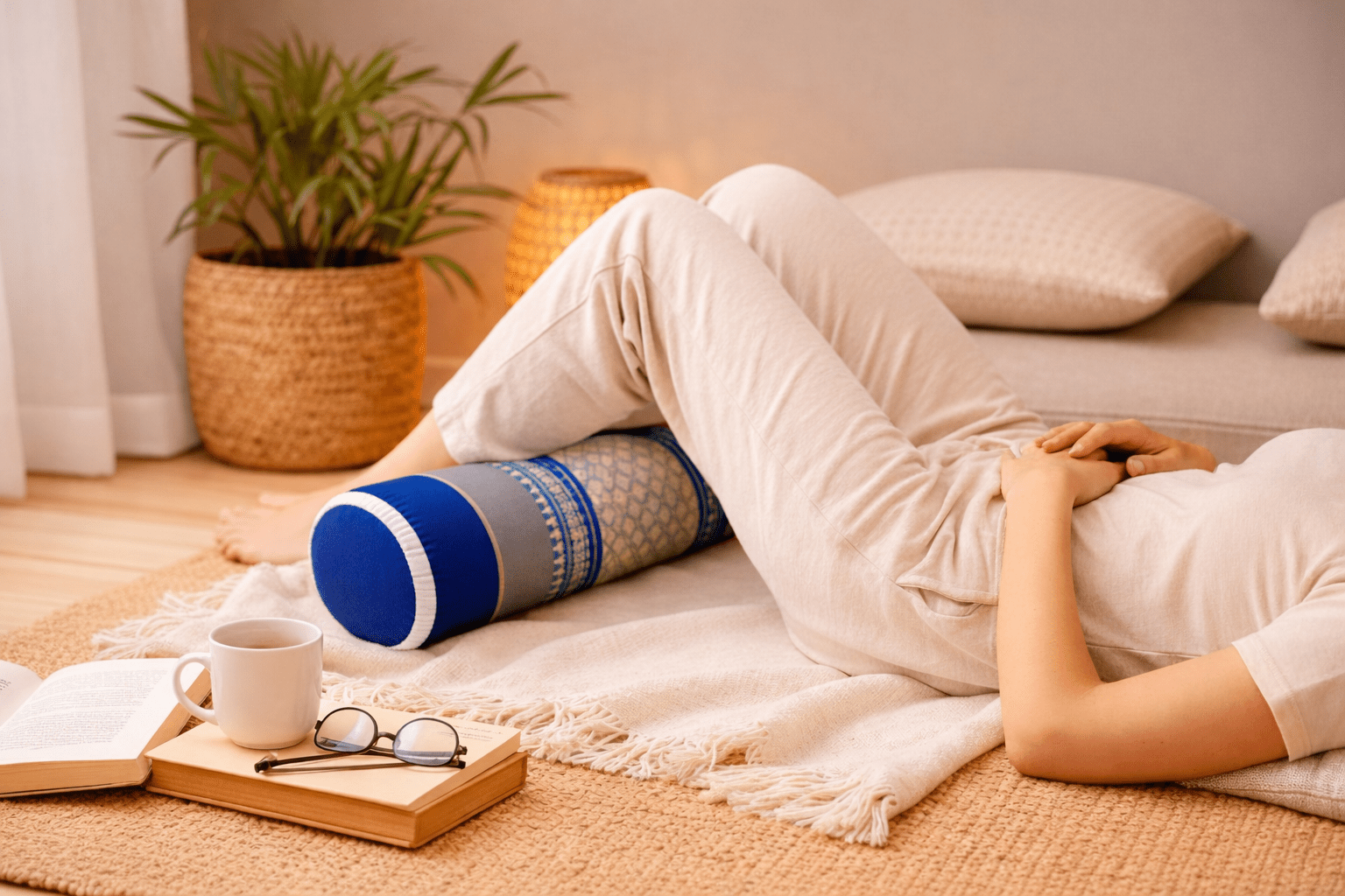 thais knierolkussen mini blauw grijs onder knieën ontspanning yoga ondersteuning kapok kussen