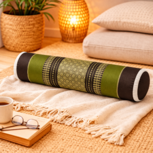 thais knierolkussen mini groen bruin op bank yoga ontspanning natuurlijk interieur kapok kussen