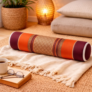 thais knierolkussen mini oranje op bank yoga ontspanning warm interieur kapok kussen