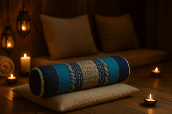 Rond Thais meditatiekussen in blauw-turquoise tinten op houten bank in wellnessomgeving met opgerolde handdoeken en orchideeën