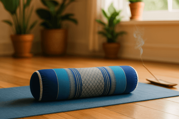 Blauw-turquoise Thais meditatiekussen in bolstervorm op blauwe yogamat, met wierook en kamerplanten in lichte ruimte.