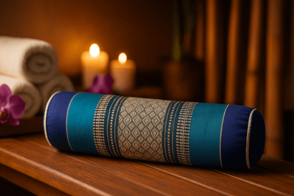 Thais meditatiekussen in blauw en turquoise op meditatiekussen in sfeervolle zenruimte met kaarslicht en lantaarns.