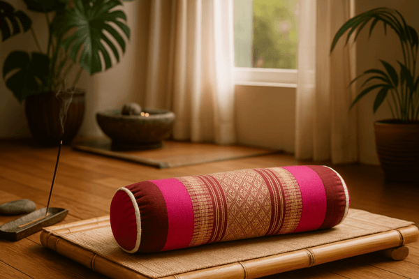 Roze-rood Thais meditatiekussen op bamboemat met wierook in lichte zenruimte met planten en sfeerlicht.