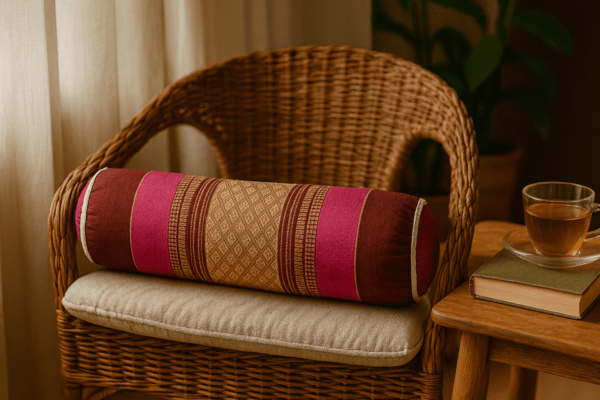 Traditioneel Thais meditatiekussen in roze-rood op rotanstoel met kussentje, naast thee en boek in warme zithoek.