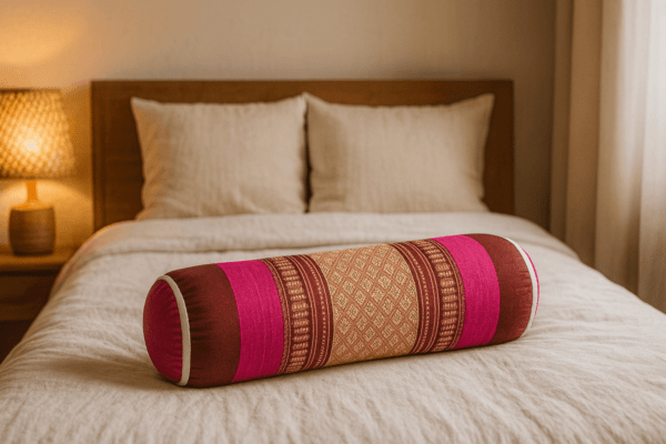 Handgemaakt roze-rood Thais kussen op opgemaakt bed in rustige slaapkamer met beige tinten en warme verlichting.