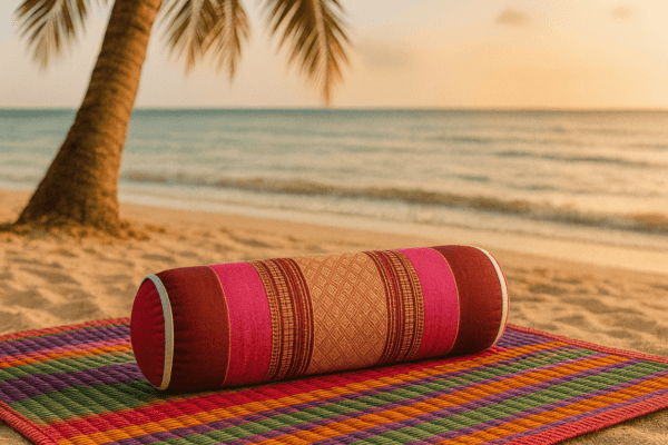 Roze-rood Thais meditatiekussen op kleurrijke mat op tropisch strand bij zonsondergang, met palmboom en zee op de achtergrond.