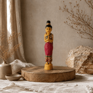 Rood met goudkleurig Sawadee Lady beeld van 36 cm op ronde houten verhoger in naturel interieur met linnen stoffen en droogbloemen.