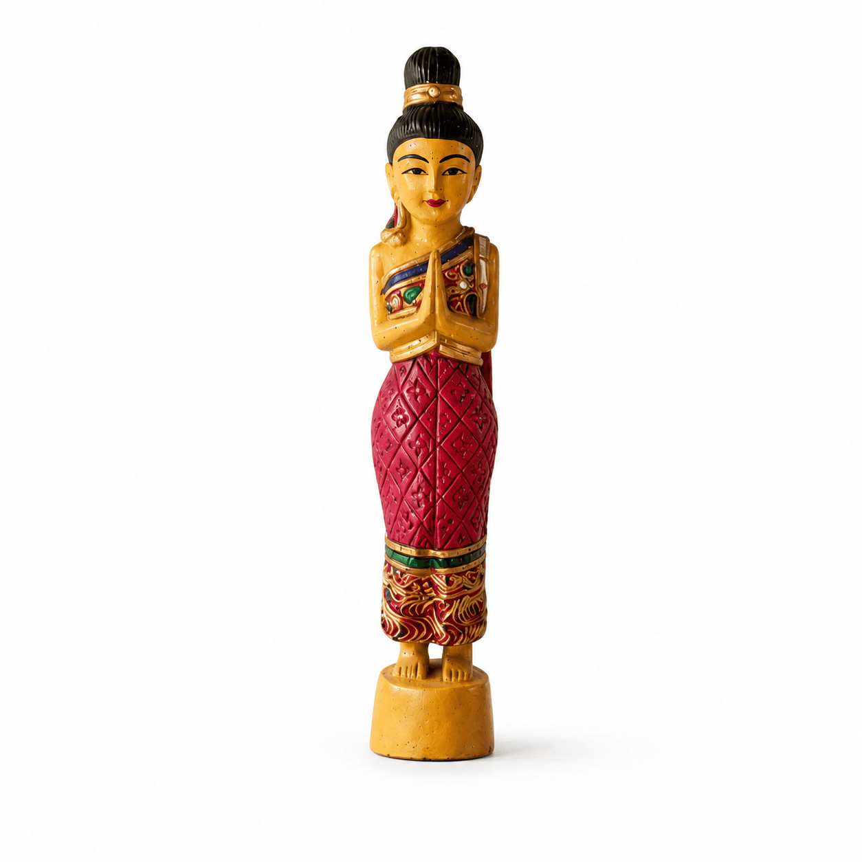 Rood met goudkleurig Sawadee Lady beeld van 36 cm met gevouwen handen, zwarte haardracht en gedetailleerde Thaise decoratie.