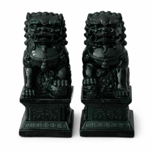 Set donkergroene Chinese leeuwenwachters, glanzende feng shui tempelleeuwen decoratie