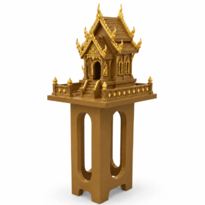 Goudkleurig Thais tempelhuis met dubbeldak en sierlijke ornamenten op een witte achtergrond.