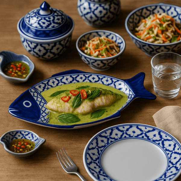 Gestoomde visfilet in groene curry op een blauw-wit keramisch visbord, geserveerd met basilicum en rode peper.