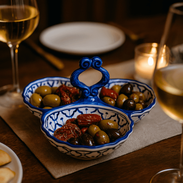 Thaise drieluik-serveerschaal met olijven en zongedroogde tomaten, sfeervol gedekt met kaarslicht.