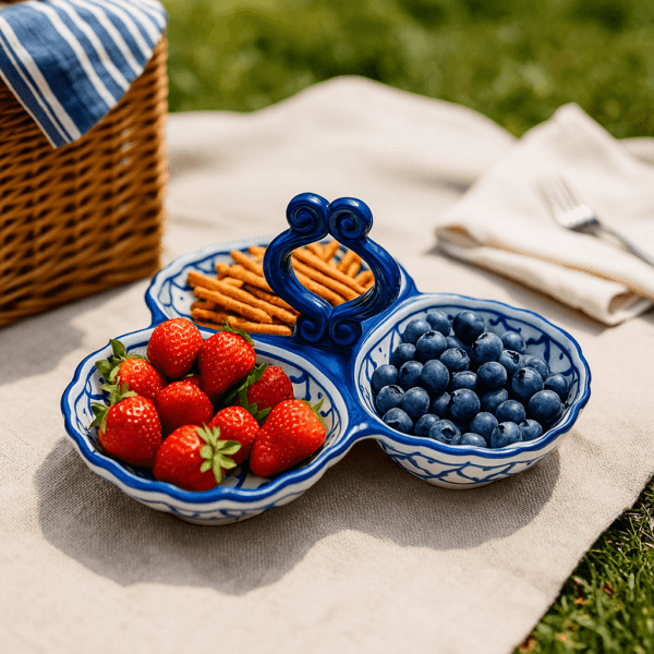 Keramieken Thaise drielakschaal gevuld met aardbeien, blauwe bessen en zoutjes tijdens een picknick.