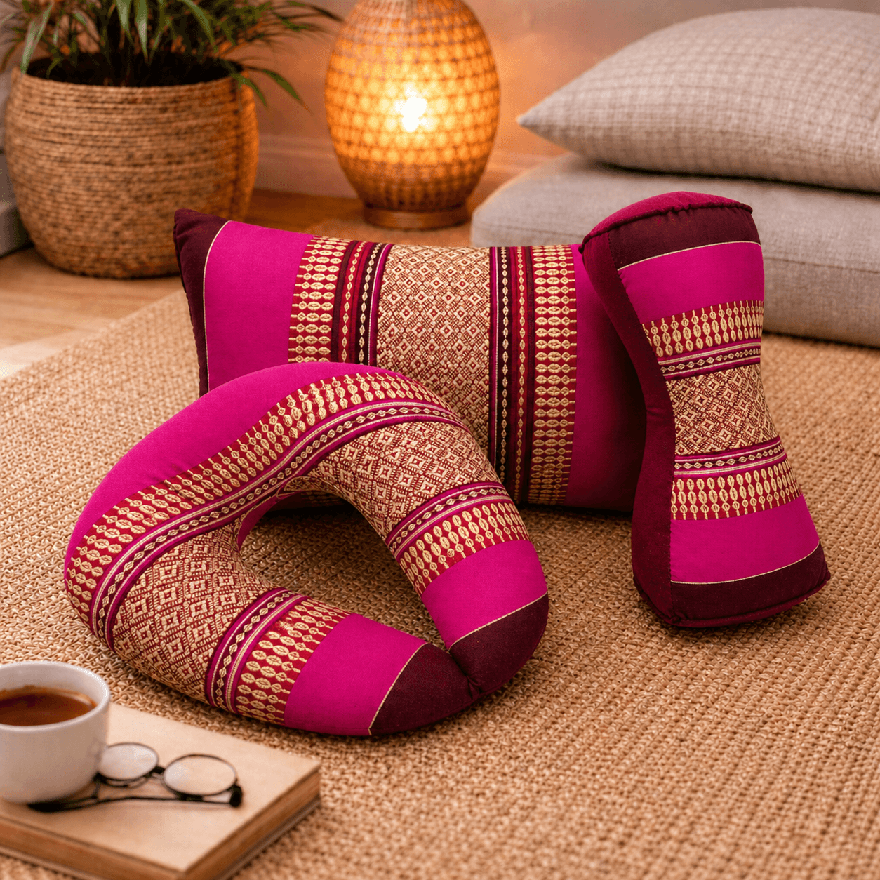 Roze fuchsia Thaise driehoekskussen set met bordeaux details en goudkleurig patroon