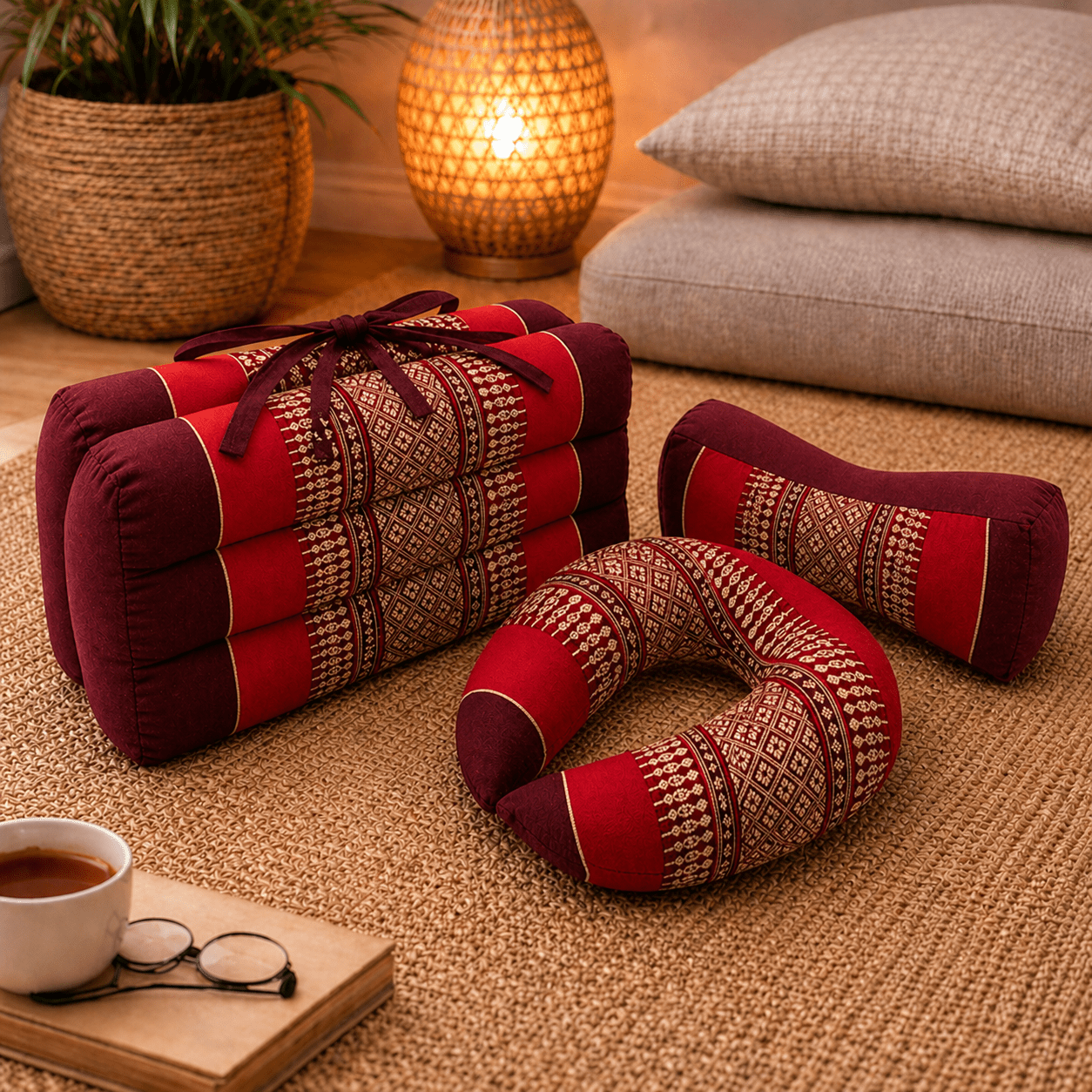 Thaise opvouwmat met draagband in rood en bordeaux met wit traditioneel patroon.