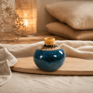 Rond keramieken knopvaasje met kobaltblauw, petrol en okergeel reactief glazuur op een houten plank in een warme, natuurlijke sfeersetting.