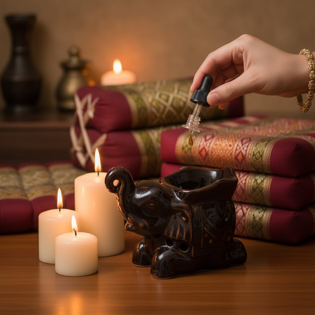 Donkerbruine aromabrander in olifantvorm terwijl geurolie wordt toegevoegd, met brandende kaarsen en Thaise kussens in warme sfeer.