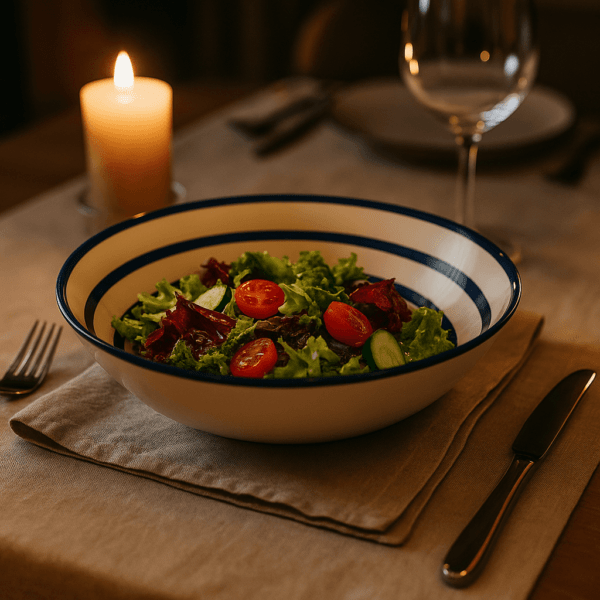 Blauwwit gestreepte kom met salade op sfeervol gedekte dinertafel met kaarslicht