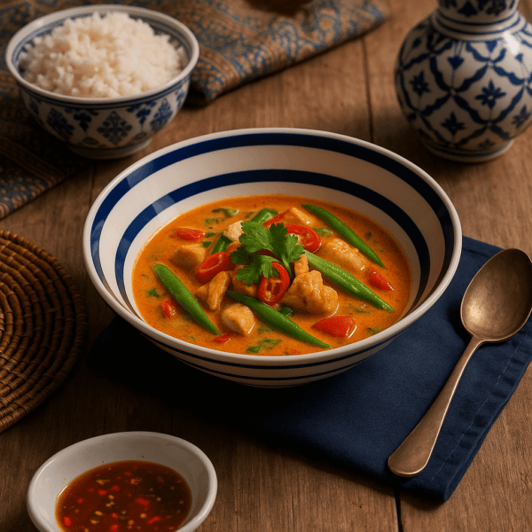 Kom met blauwe strepen gevuld met Thaise curry, geserveerd met rijst op houten tafel