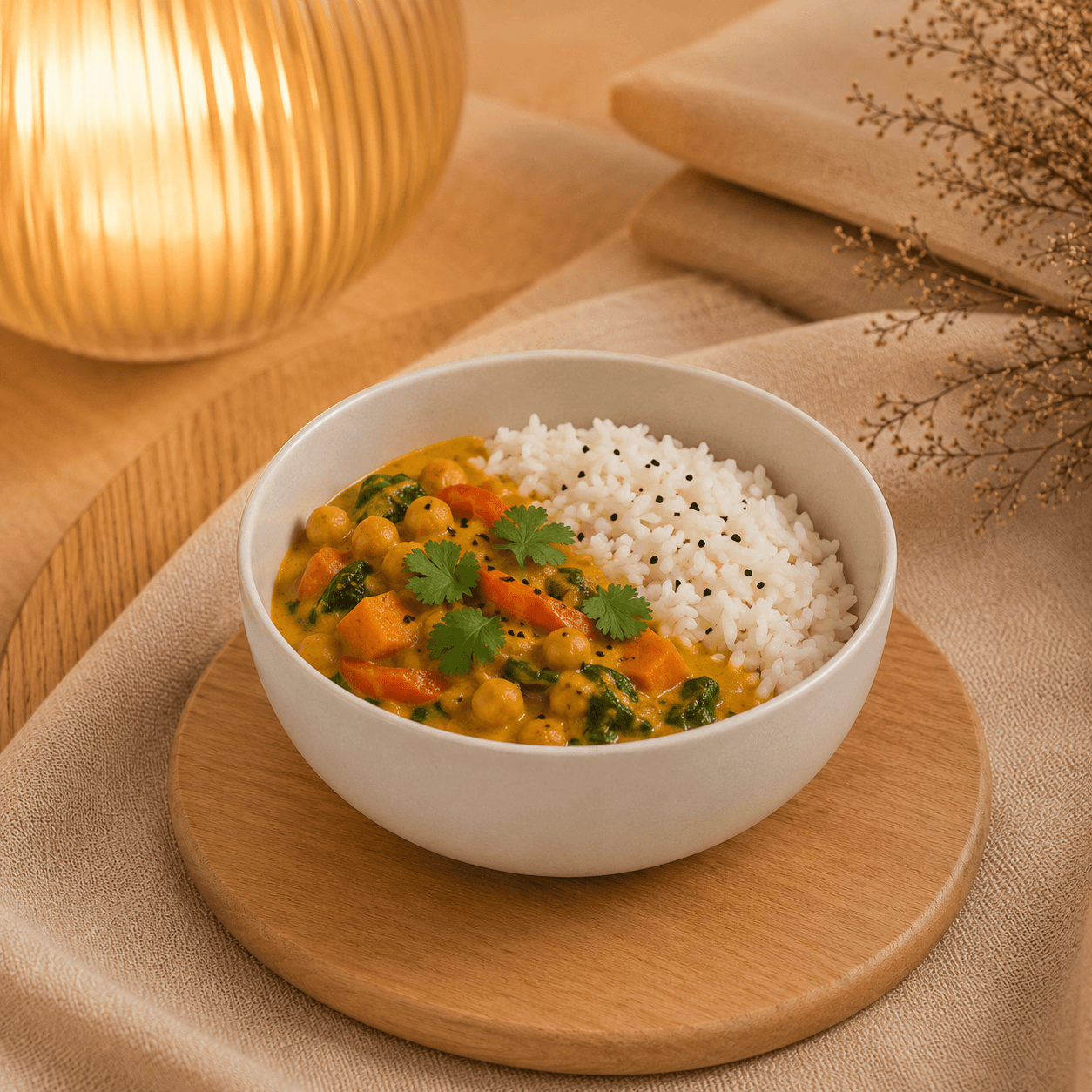 Kom mat wit 1100 ml gevuld met rijst, curry, kikkererwten, groenten en koriander op een houten onderzetter.