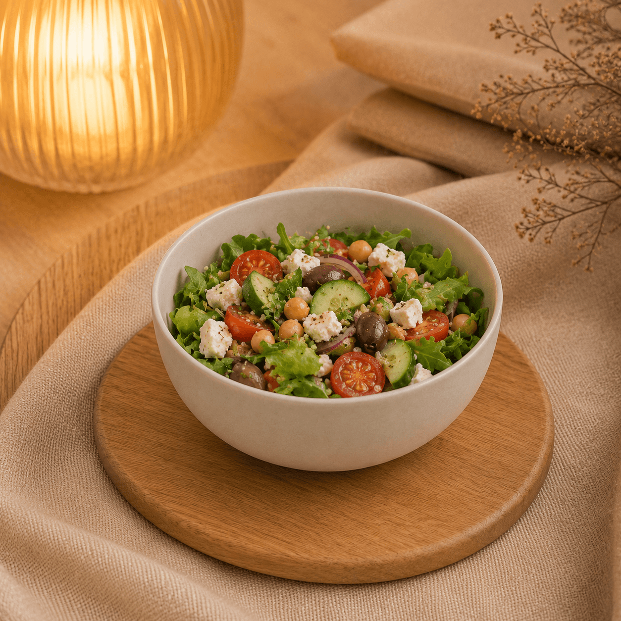 Kom mat wit 850 ml gevuld met maaltijdsalade, tomaat, komkommer, kikkererwten, feta en olijven op een houten onderzetter.