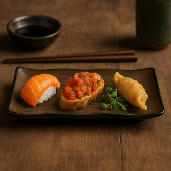 Serveerbord met diverse hapjes en stokjes op langwerpig keramisch bord – 26 cm