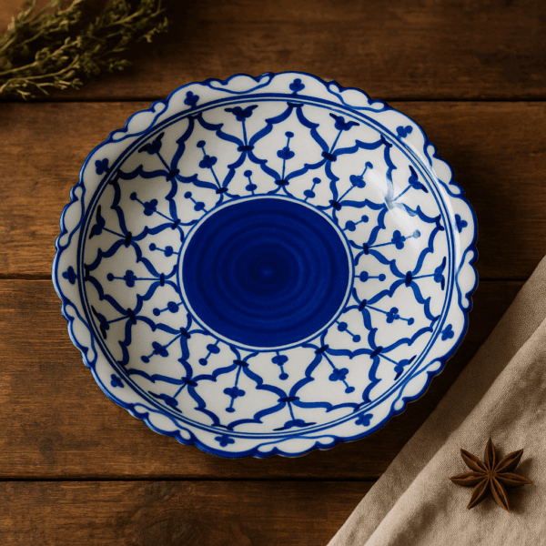 Blauwwitte serveerschaal met bloemrandmotief, bovenaanzicht op houten tafel