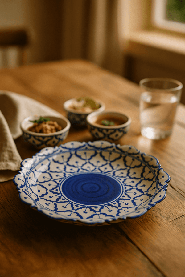 Blauwwitte serveerschaal op houten tafel met Aziatische bijgerechten en glas water