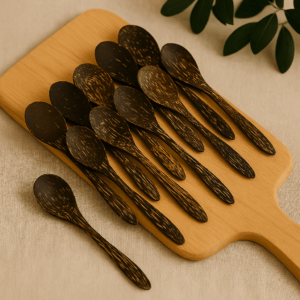 Houten lepeltjes van kokoshout sfeervol gepresenteerd op een houten serveerplank met decoratief groen.