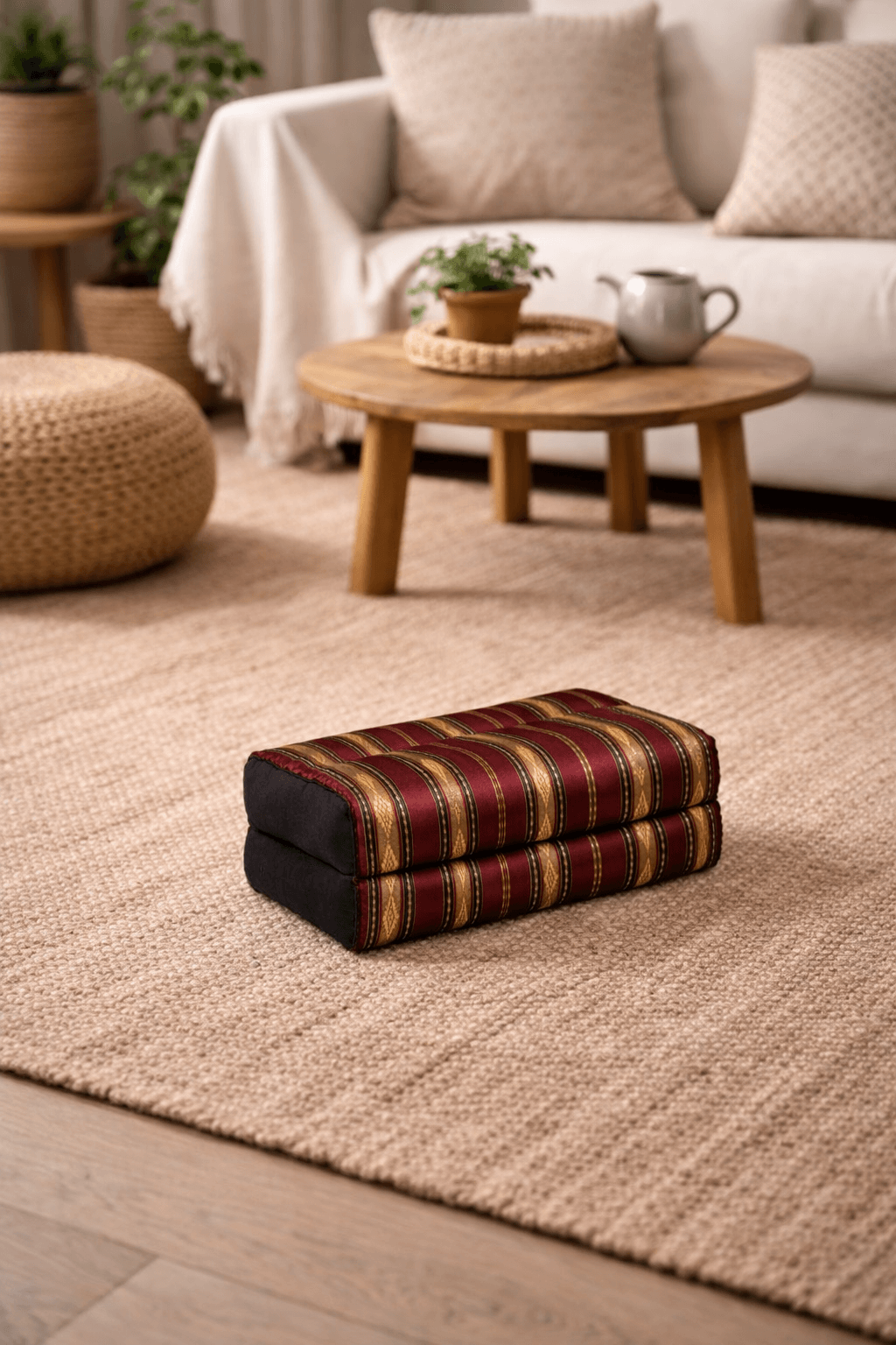 rechthoek-kussen-silklook-bordeaux-rood-sfeer Rechthoekig meditatiekussen in rood met goudkleurig patroon, geplaatst op een licht vloerkleed in een rustige, warme woonkamer met natuurlijke materialen.