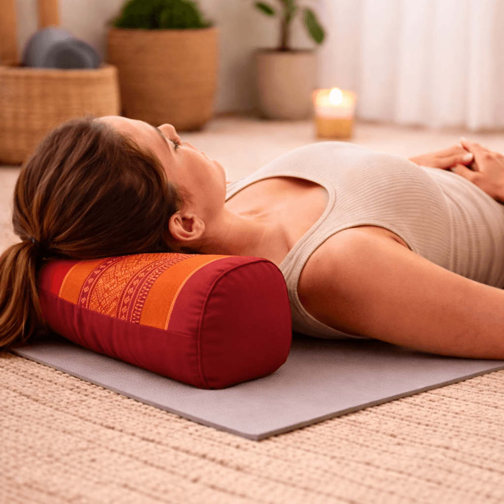 Vrouw ligt op een yogamat met een rood-oranje Thais nekrolkussen met geometrisch patroon onder haar nek.