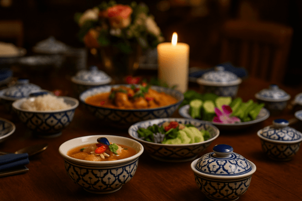 Gezellige tafel vol Thaise keramieken schaaltjes en kommen met deksel, gevuld met rijst, curry en groenten, sfeervol verlicht met kaarslicht.