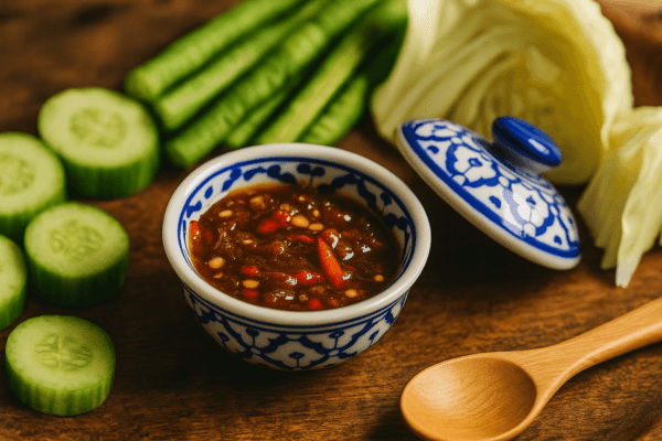 Blauwwit sauskommetje van Thais keramiek met pittige chilisaus, omringd door komkommer, kool en een houten lepel op een rustieke houten ondergrond.