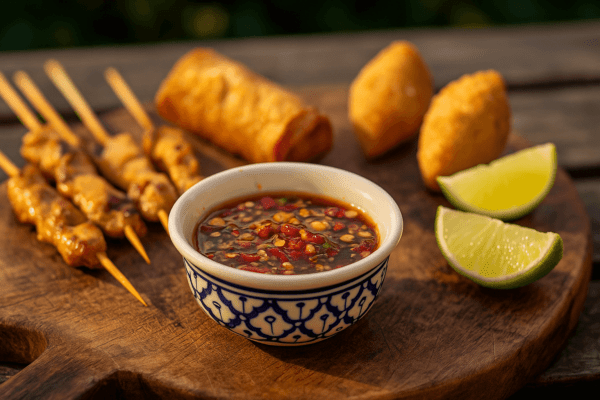 Klein handgeschilderd Thais keramieken sauskommetje met pittige saus, geserveerd met saté, loempia’s, pasteitjes en limoenschijfjes op een houten plank.