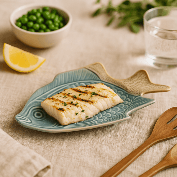 Gegrilde visfilet op een blauwgroen keramisch visschaaltje, omringd door groenten en een glas water.