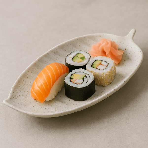 Naturel gespikkeld schaaltje van keramiek met sushirolletjes en gember