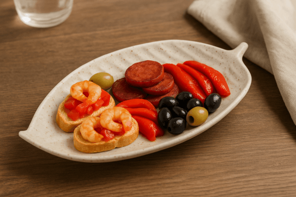 Naturel keramisch schaaltje gevuld met tapas, chorizo, olijven en paprika op houten tafel
