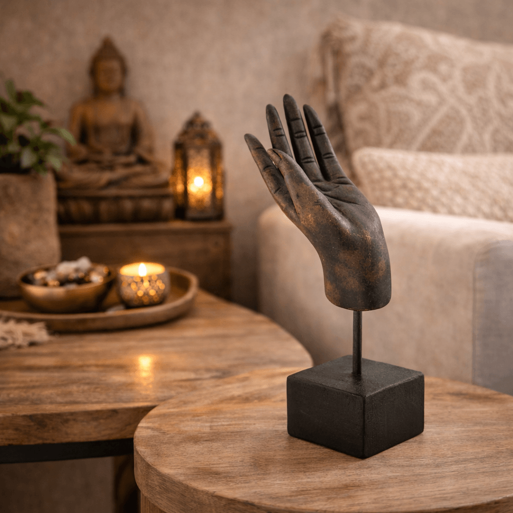 Bruin gouden Boeddha hand beeld op bijzettafel met kaarslicht en warme decoratie