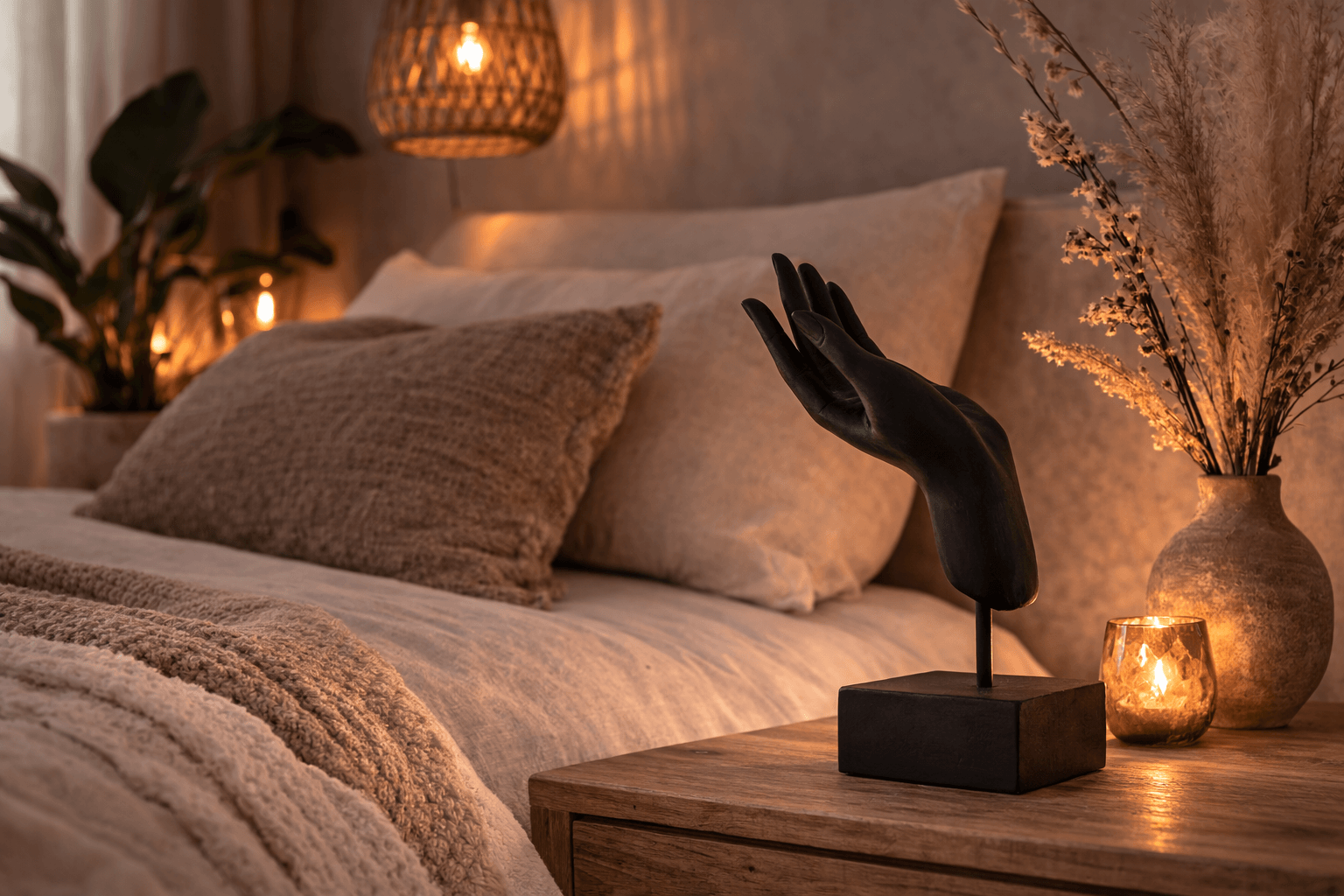 Boeddha hand beeld op nachtkastje met kaarslicht in warme en rustige slaapkamer sfeer