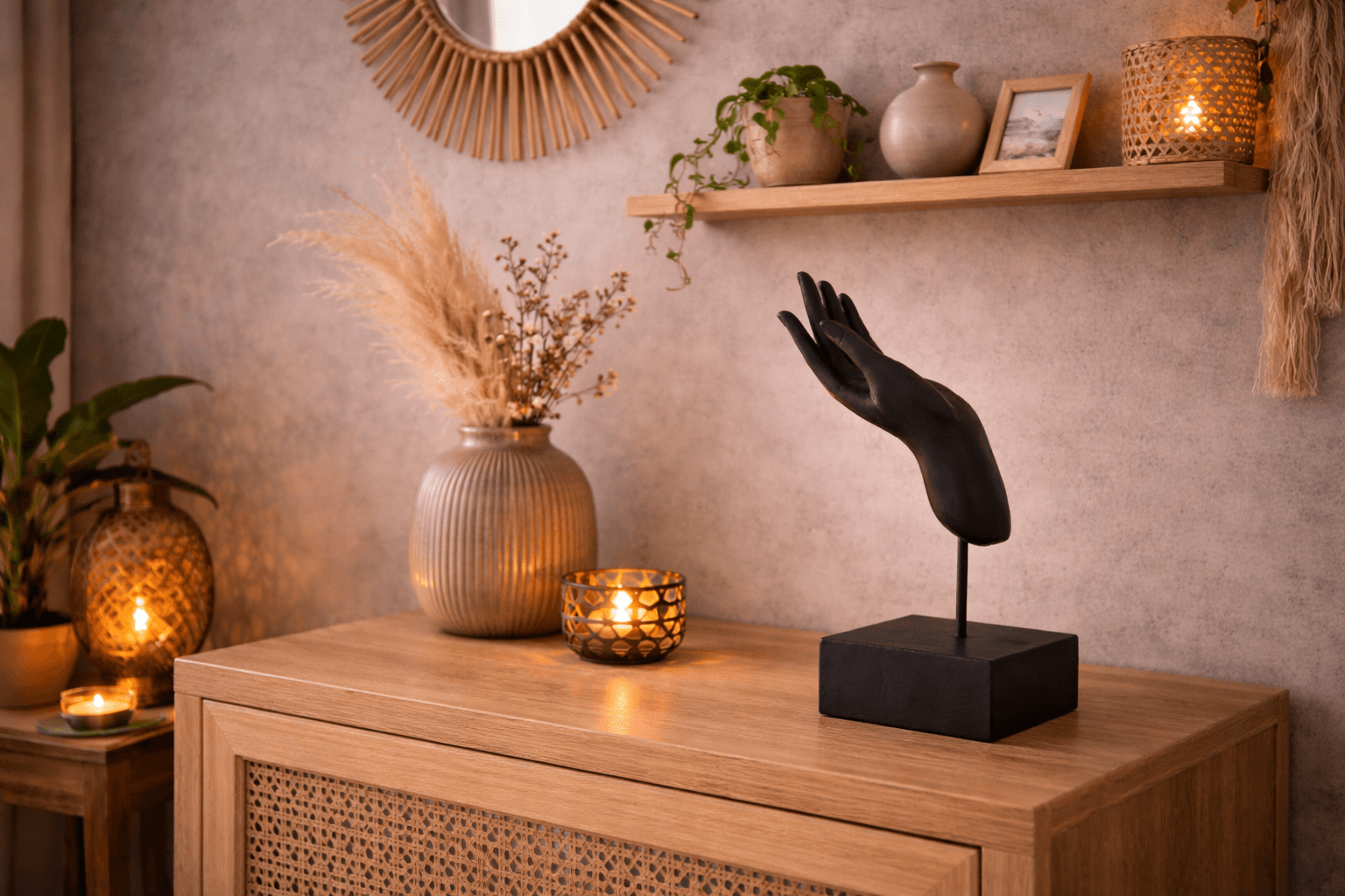 Boeddha hand beeld op kast met warme verlichting en boho interieur styling