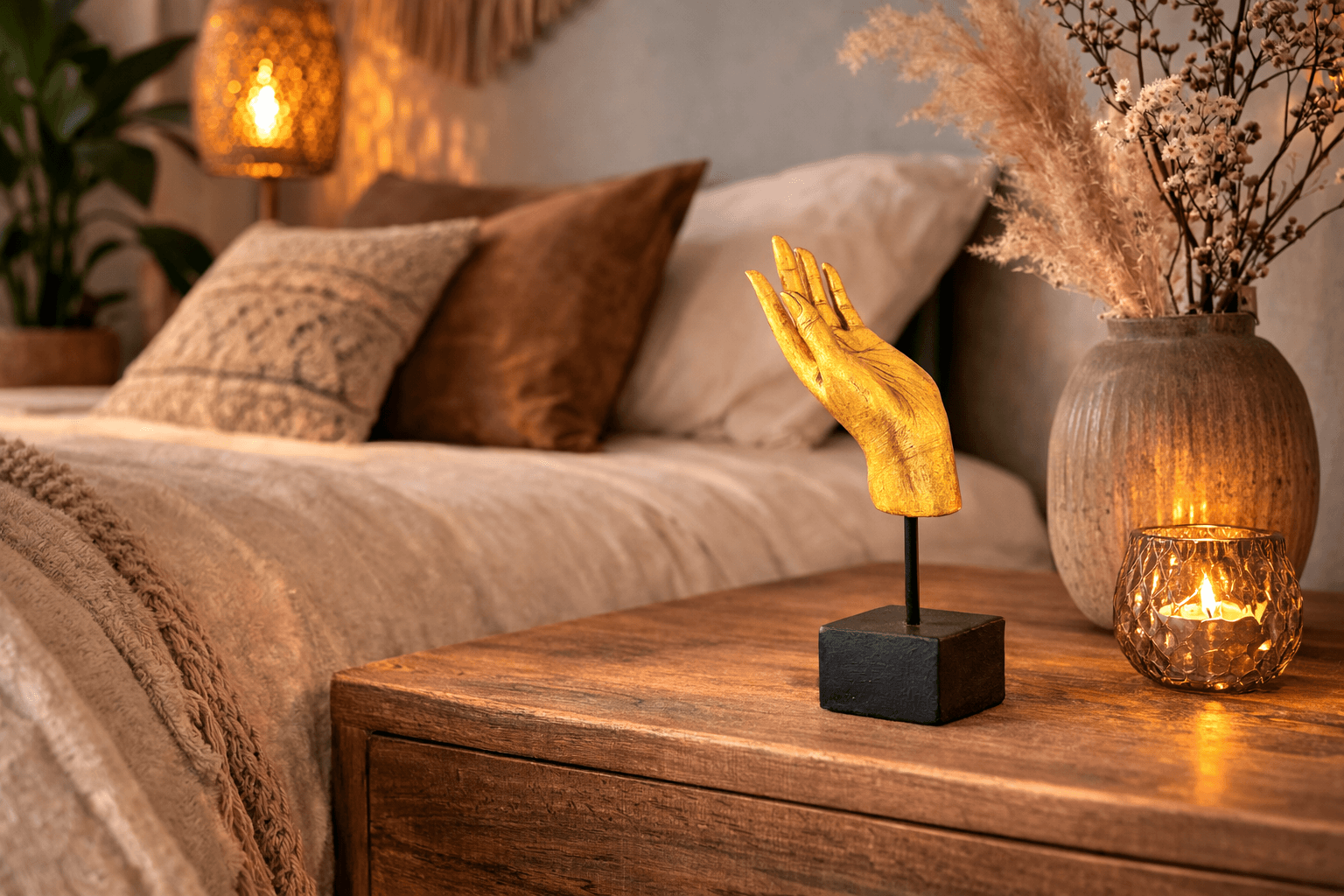 Gouden Boeddha hand decoratie op nachtkastje in rustige slaapkamer met sfeervol licht