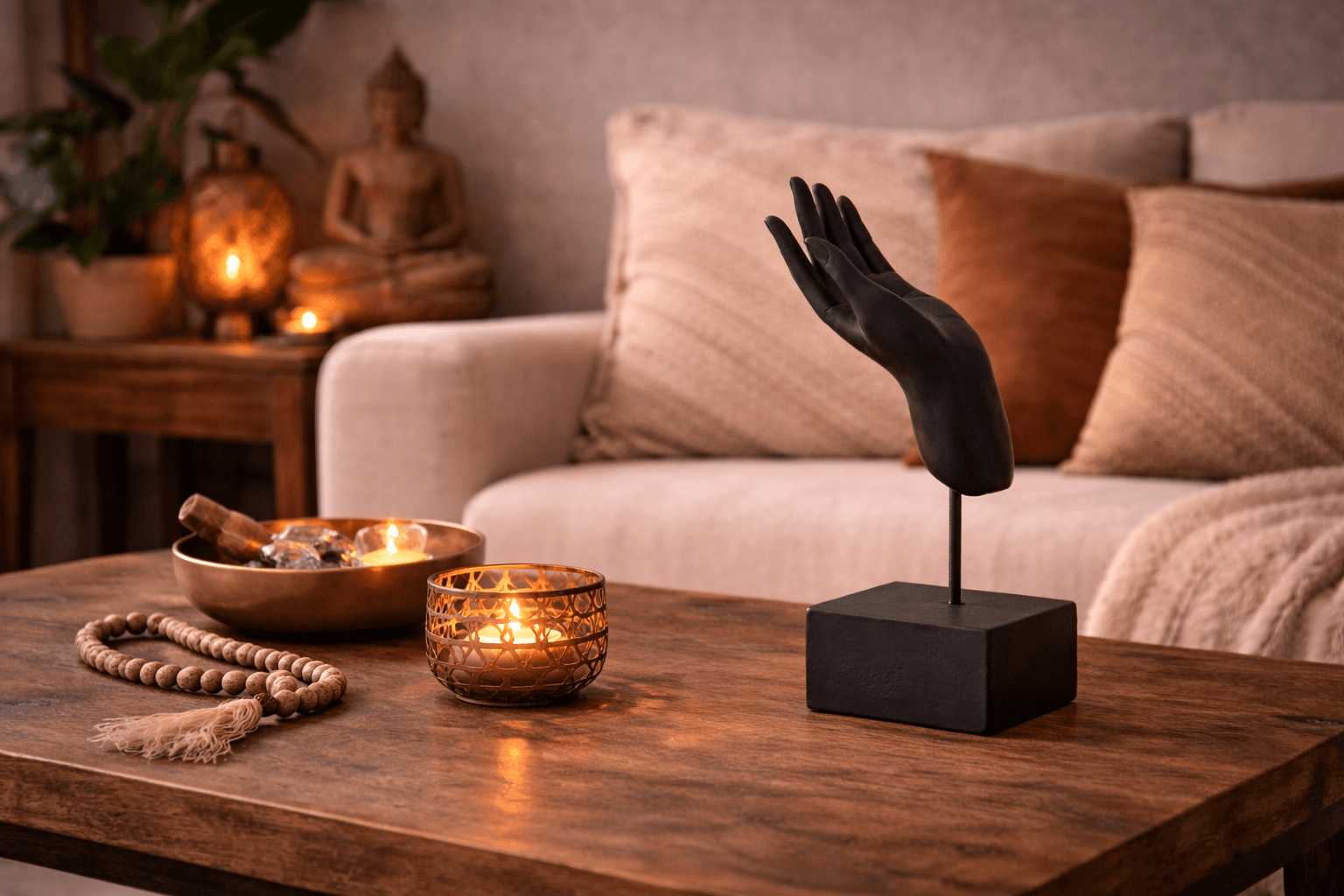 Boeddha hand ornament op houten tafel met kaarsen en natuurlijke woonaccessoires