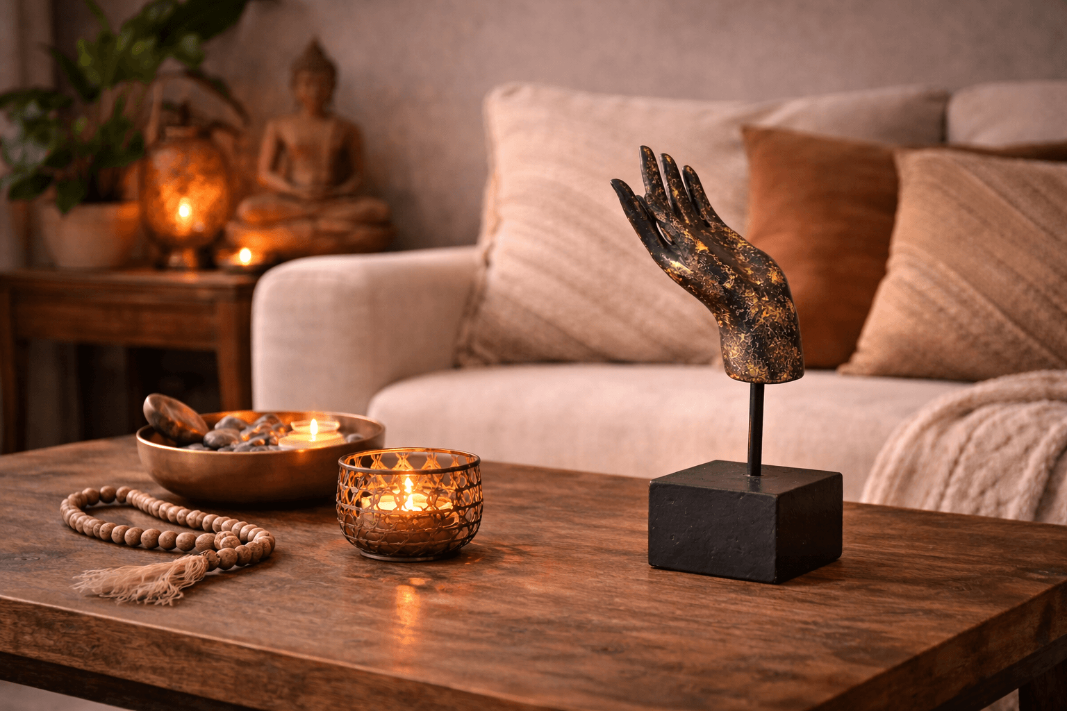 Boeddha hand ornament zwart goud op houten tafel met kaarslicht en natuurlijke accessoires
